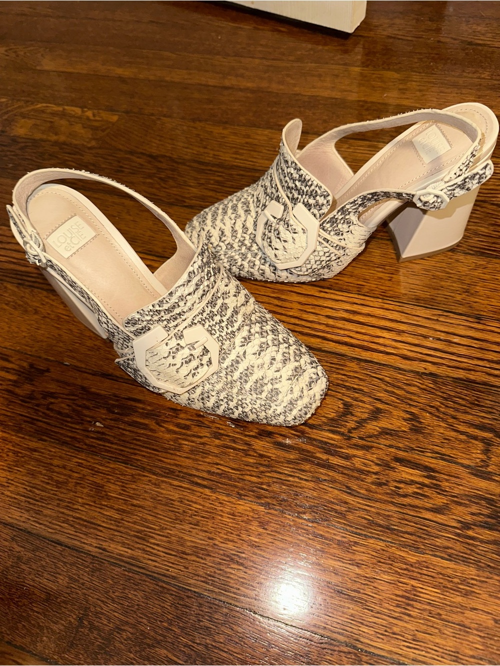 Louise et Cie Cream and Black snake skin Slingback Block Heels